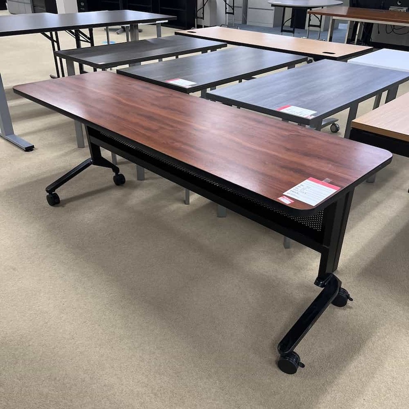 72″ x 24″ Cherry and Black Training Table on Wheels – Flip Top Office Furniture Liquidations
