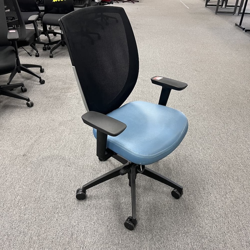 Kimball Wish Blue Vinyl and Black Mesh Back Task Chair Office Furniture Liquidations