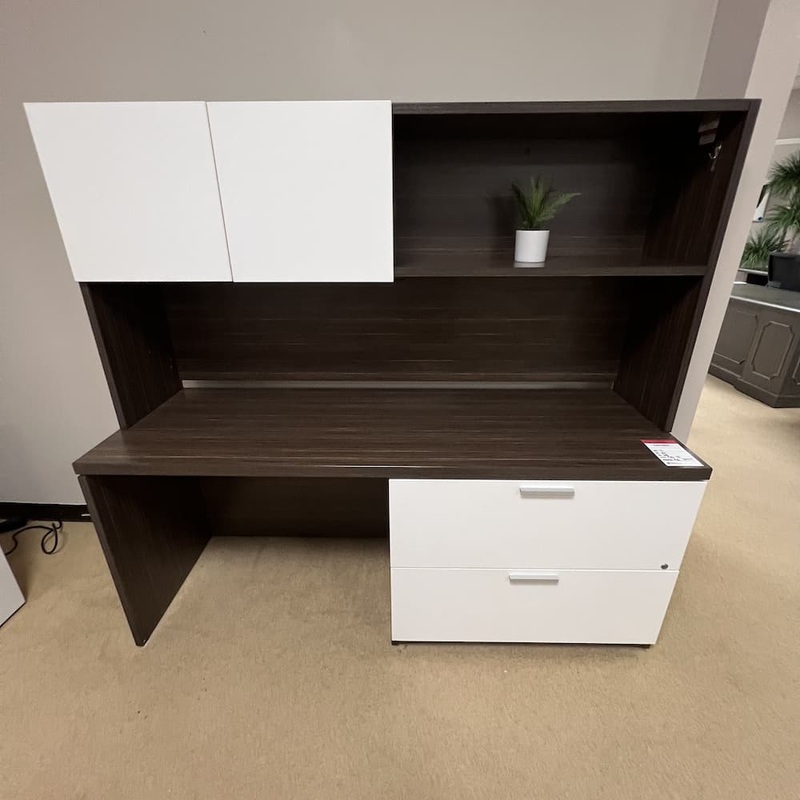 72″ x 24″ Lacasse Walnut and White Laminate Credenza Desk with 2 Drawer Lateral and Hutch Office Furniture Liquidations