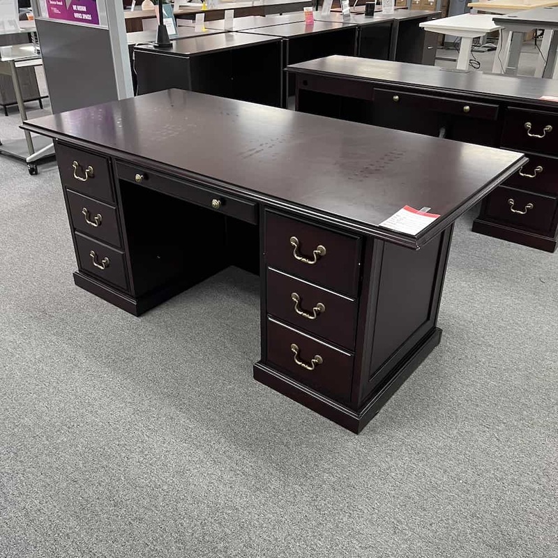 72″ x 36″ Mahogany and Brass Traditional Desk with 2 Pedestals Office Furniture Liquidations