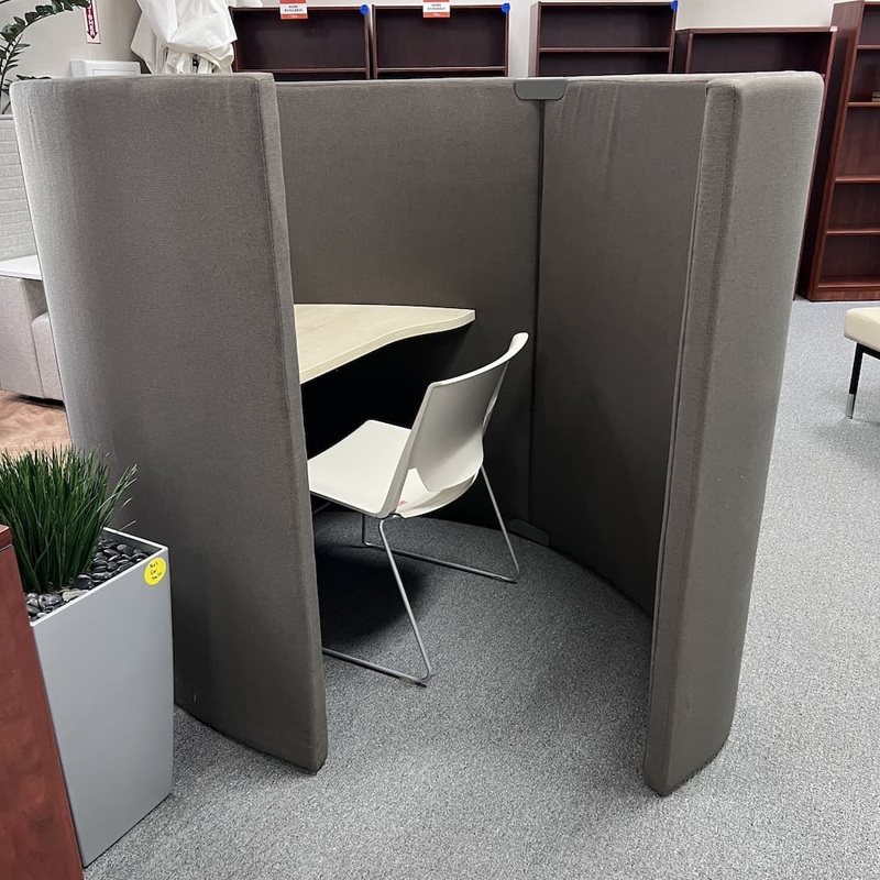 Kimball International Eklund 49″ W x 68″ D Taupe and Maple Work Booth Privacy Lounge Office Furniture Liquidations