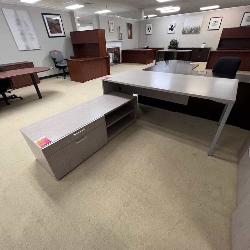 SET – 72″ OFS Washed Wood Grey Table Desk and Credenza – Left Return Office Furniture Liquidations