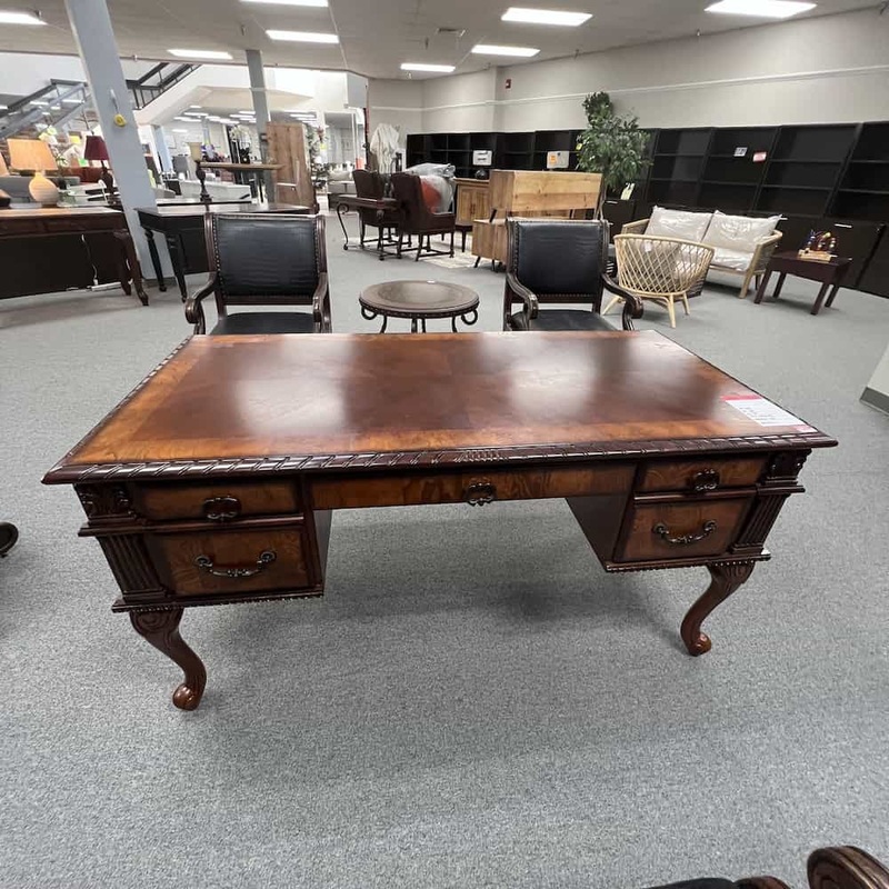 60″ x 35″ Walnut and Brass Chippendale Style Traditional Executive Desk Office Furniture Liquidations
