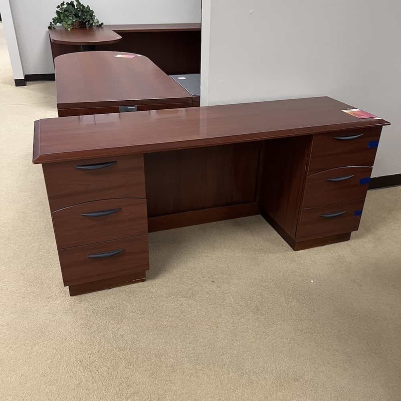 66″ Mahogany and Black Credenza Desk with 2 Pedestals Office Furniture Liquidations