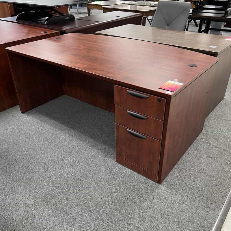 71″ Cherry and Black Bow Front Desk with One Pedestal Office Furniture Liquidations