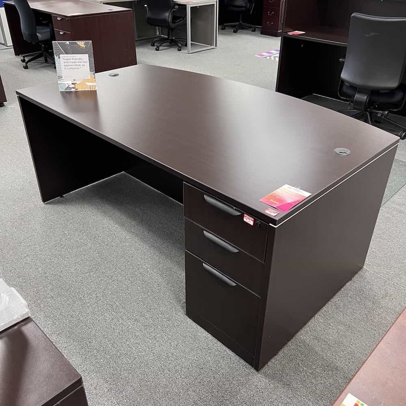71 Espresso and Black Bow Front Desk with 1 Pedestal Office Furniture Liquidations