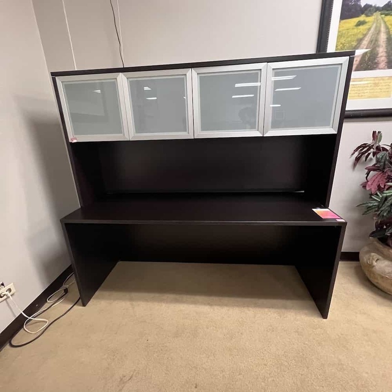 71″ Espresso Credenza Desk Shell with Hutch and Glass Doors Office Furniture Liquidations