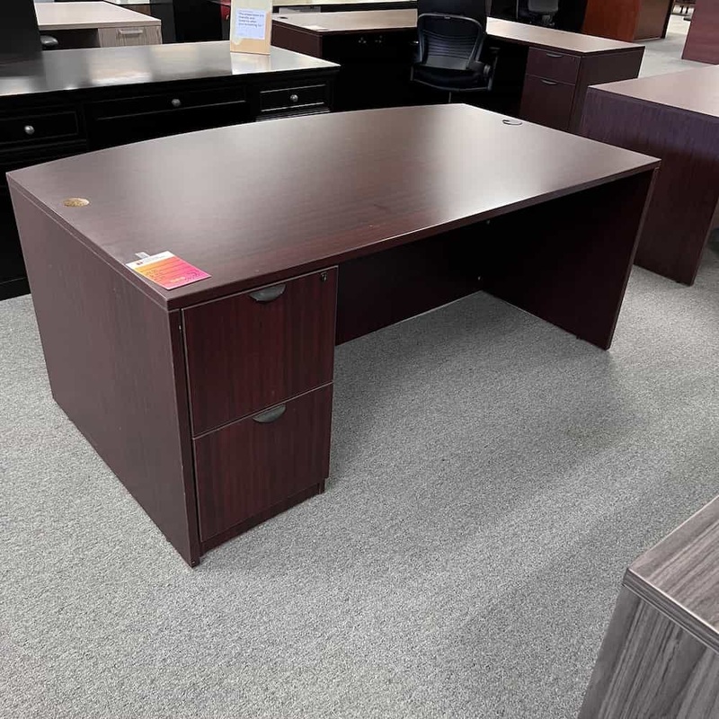 71″ Mahogany and Black Bow Front Desk with 1 Pedestal File/File Office Furniture Liquidations