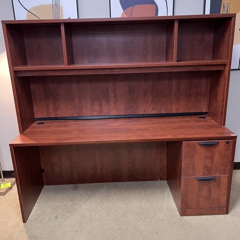 71″ x 24″ Cherry and Black Credenza Desk with Hutch and 1 Pedestal File Office Furniture Liquidations