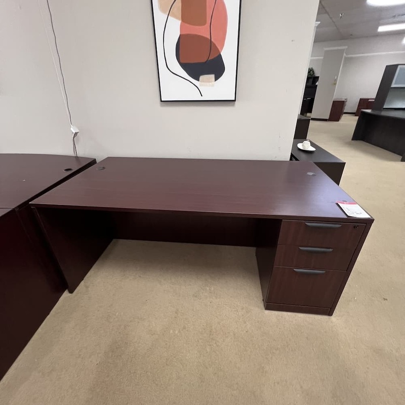 71 x 36″ Mahogany and Black Desk with Single Box/Box/File Office Furniture Liquidations