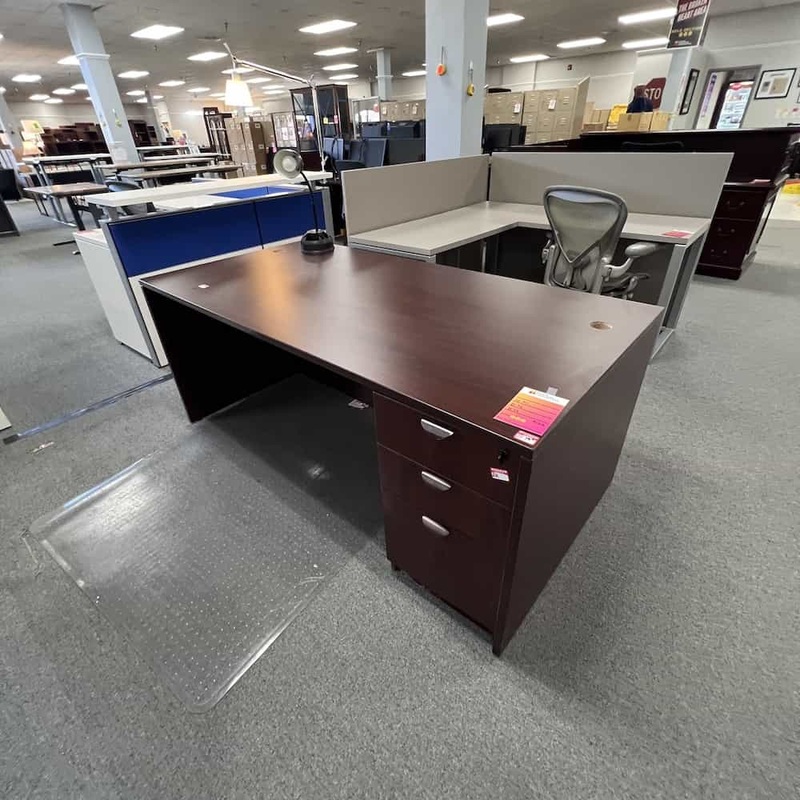 71″ x 36″ Mahogany and Bronze Desk with 1 Pedestal – Box/Box/File Office Furniture Liquidations