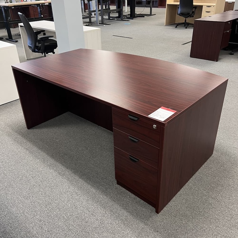 71″ x 42″ Mahogany and Black Bow Front Desk with 1 Box/Box/File Office Furniture Liquidations