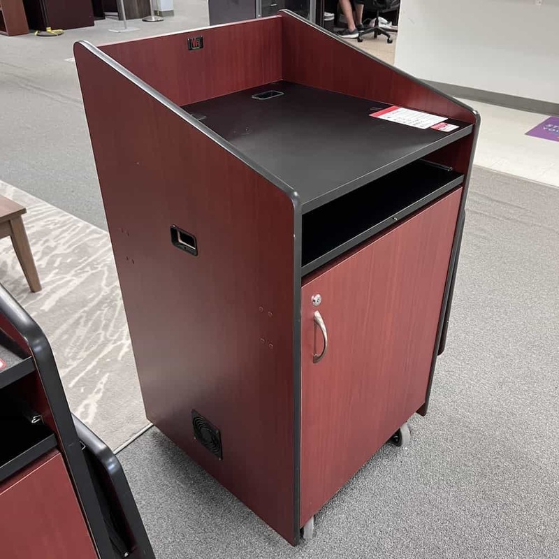 25″ W x 47″ H Mahogany and Black Mobile Lectern Podium with Side Table Office Furniture Liquidations