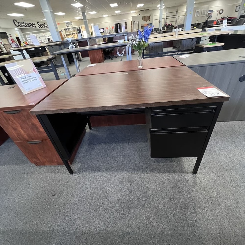 48″ x 30″ Walnut and Black Metal Desk with 1 Hanging File Office Furniture Liquidations