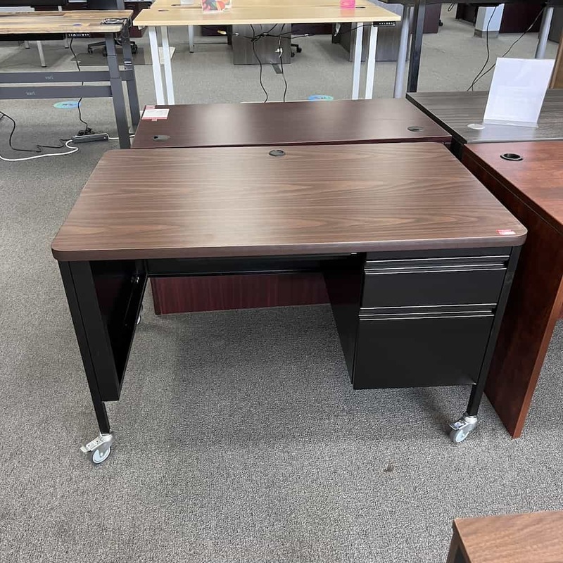 48″ x 30″ Walnut and Black Metal Rolling Desk with 1 Hanging File Office Furniture Liquidations