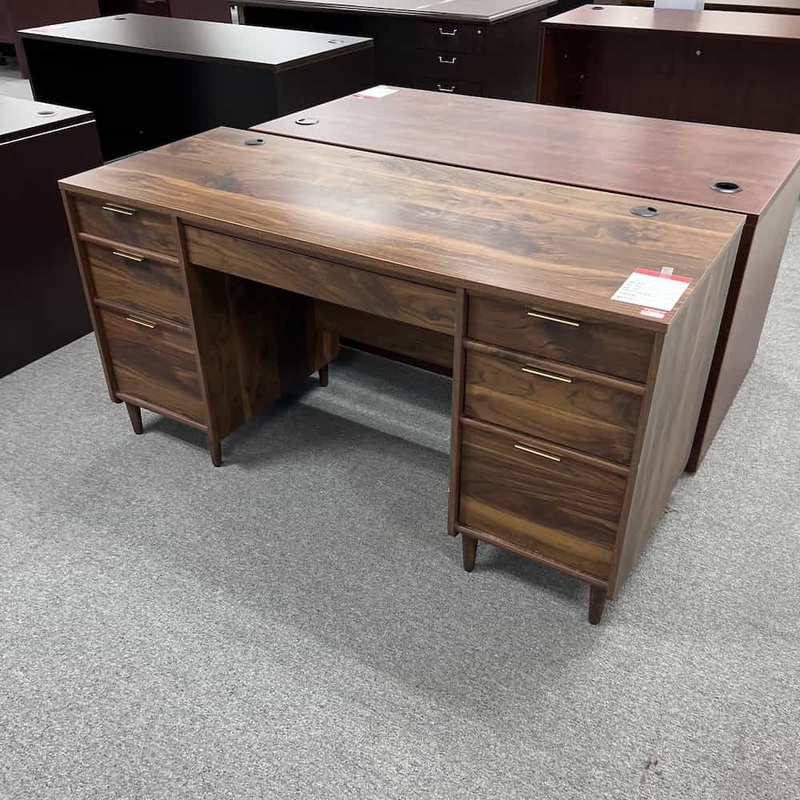 60″ x 24″ Walnut and Gold Mid Century Modern Style Desk with 2 Pedestal Files Office Furniture Liquidations