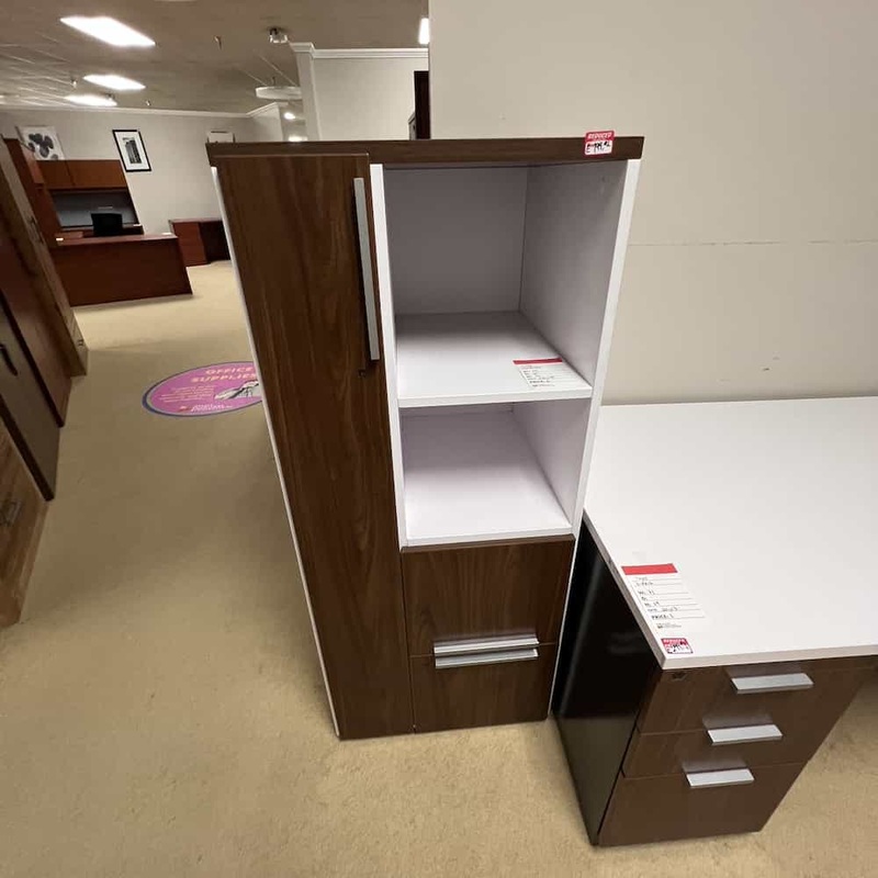 24″ W x 56″ H Knoll Walnut and White Office Wardrobe Storage Cabinet Office Furniture Liquidations
