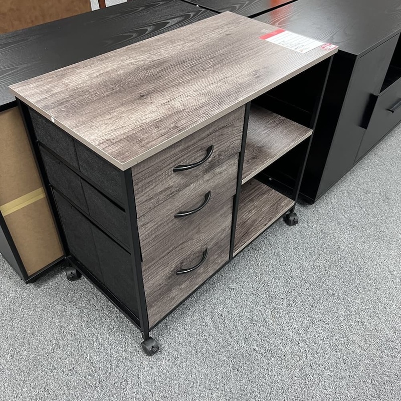 30″ W x 27″ H Walnut and Black MDF Rolling Storage Cabinet with 3 Drawers Office Furniture Liquidations