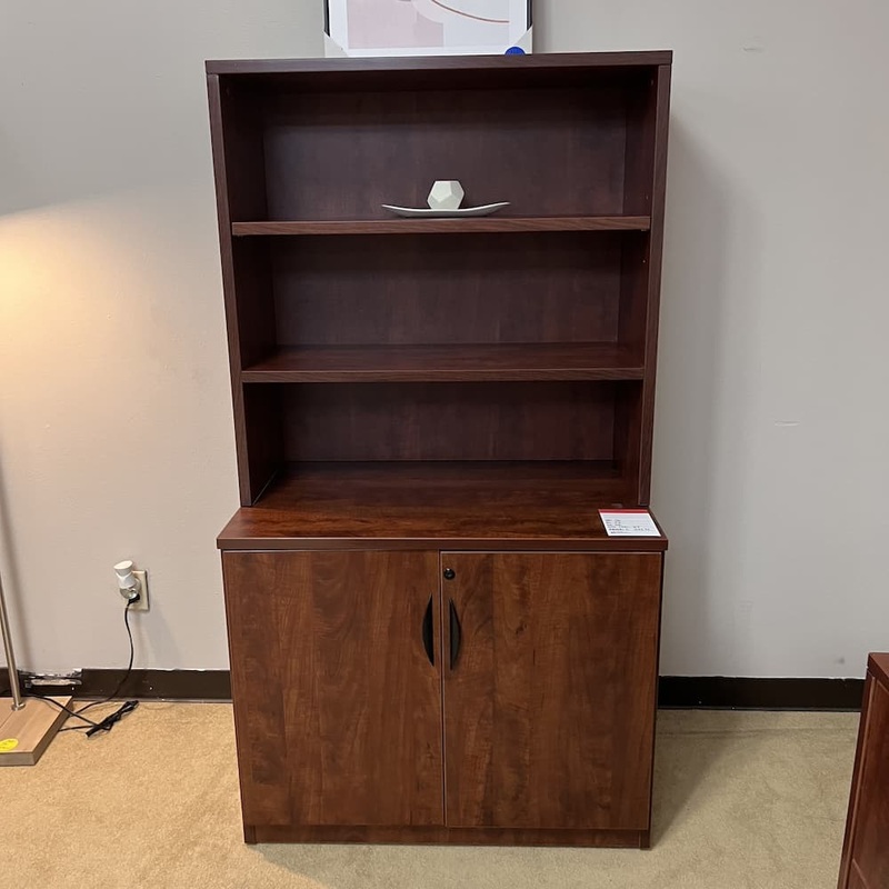 36″ W x 66″ H Cherry and Black Laminate 2 Door Storage Cabinet Office Furniture Liquidations