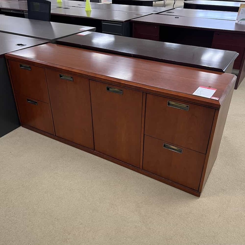 66″ x 20″ Kimball Cherry and Brass Transitional Executive Credenza Storage Cabinet Office Furniture Liquidations