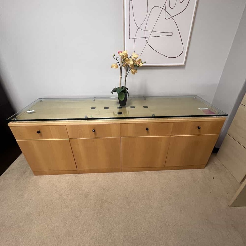 84″ Maple and Black Modern Inlay Glass Top Storage Credenza with 4 Doors Office Furniture Liquidations