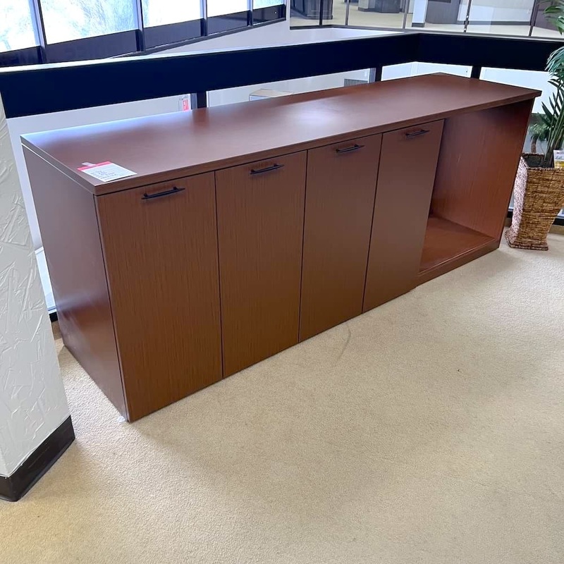 90″ x 24″ OFS Walnut Laminate and Black Credenza Buffet Storage Cabinet Office Furniture Liquidations