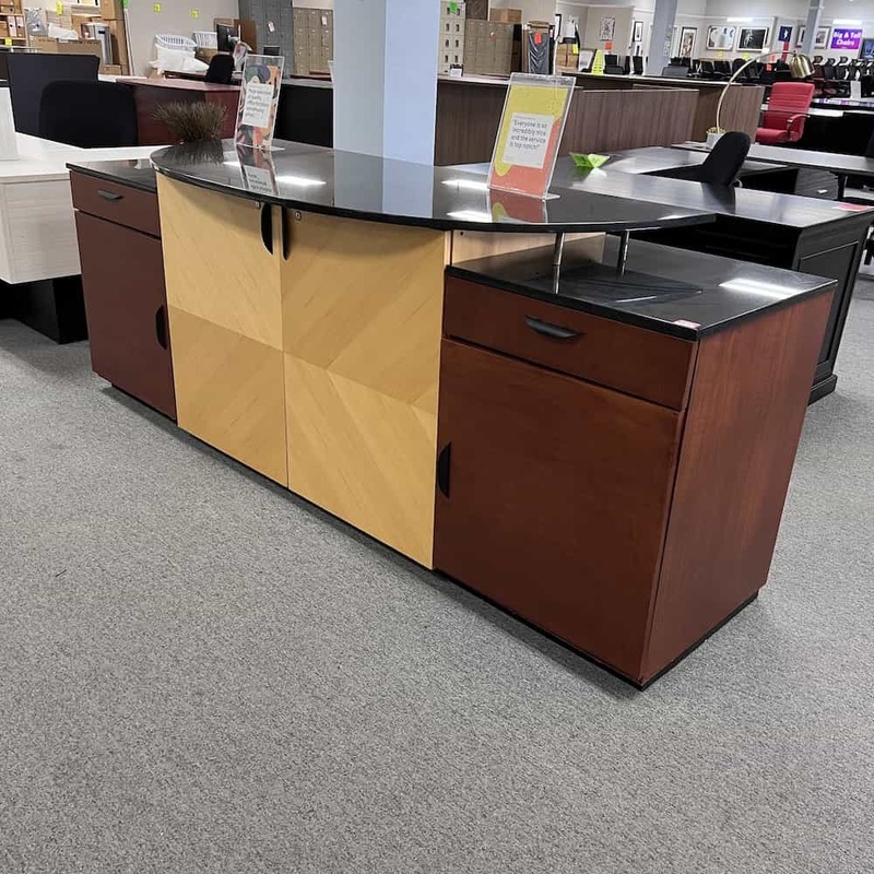 96″ Cherry, Maple, and Black Stone Modern Storage Credenza with 4 Doors Office Furniture Liquidations