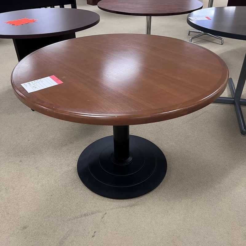 42″ Steelcase Walnut Veneer and Black Round Break Room Table Office Furniture Liquidations