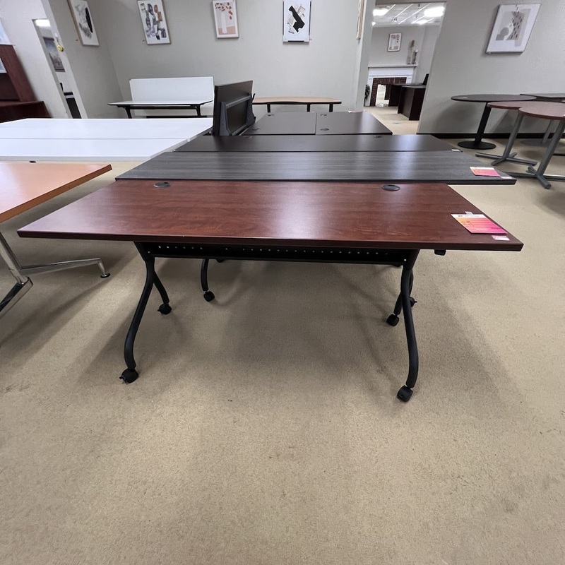 60″ x 24″ Cherry and Black Nesting Flip-Top Training Table on Wheels Office Furniture Liquidations