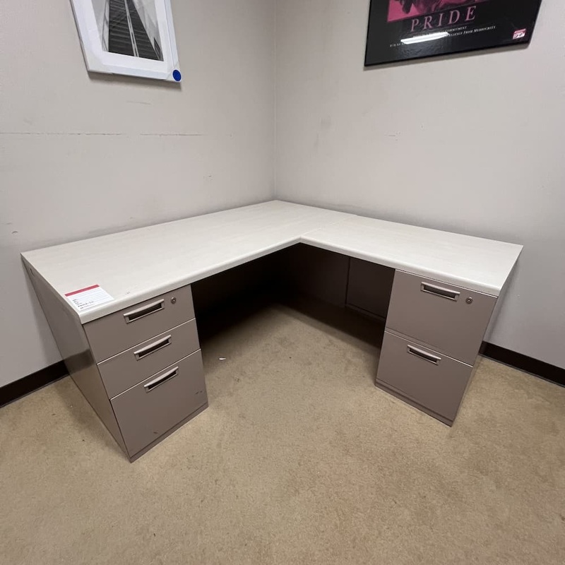 66″ x 66″ Steelcase Light Grey Metal L-Desk with Two Pedestals – Right Return Office Furniture Liquidations