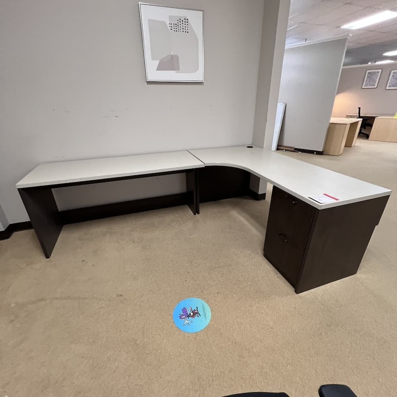 66″ x 84″ Steelcase Espresso and Beige L-Desk – Left Return Office Furniture Liquidations