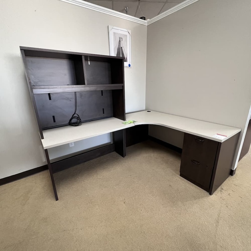 66″ x 84″ Steelcase Espresso and Beige L-Desk with Hutch – Left Return Office Furniture Liquidations