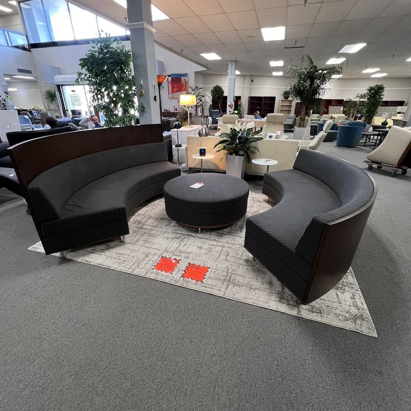 Set – 96″ Steelcase Coalesse Circa Grey and Espresso Sofa Couch with Ottoman Office Furniture Liquidations