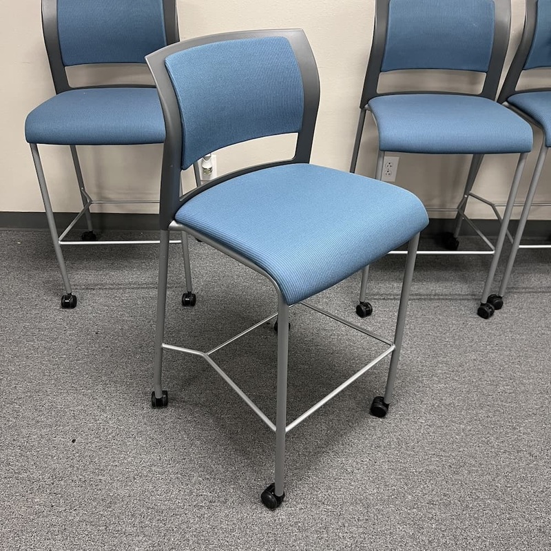 Steelcase Move Grey and Blue Upholstered Office Stool – Bar Height Office Furniture Liquidations