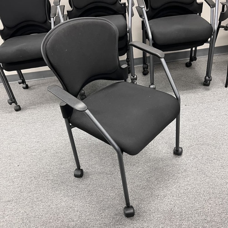 Black Upholstered Rolling Stacking Chair with Arms Office Furniture Liquidations
