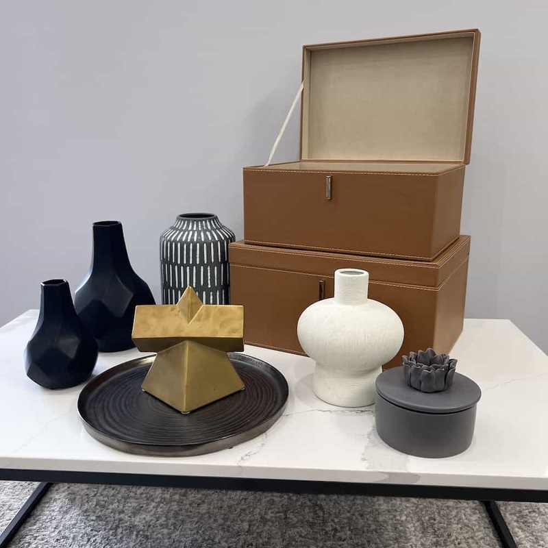 SET #5 with Boxes – Nine Piece Modern Ceramic Shapes Decor – Gold, Grey, White Office Furniture Liquidations