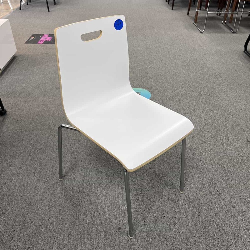 Set of 2 – White and Chrome Molded Wood Stacking Chair – Square Office Furniture Liquidations