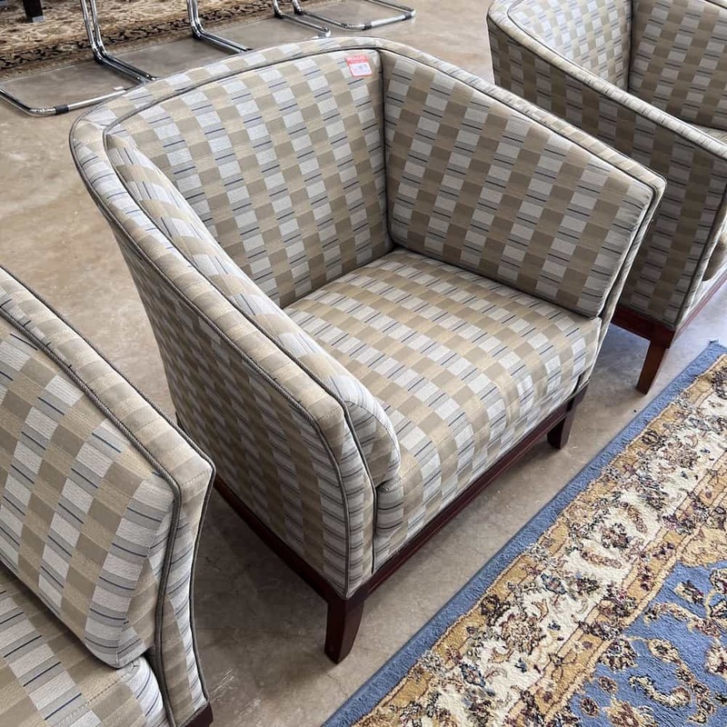 Tan Checkered and Cherry Transitional Arm Chair Office Furniture Liquidations