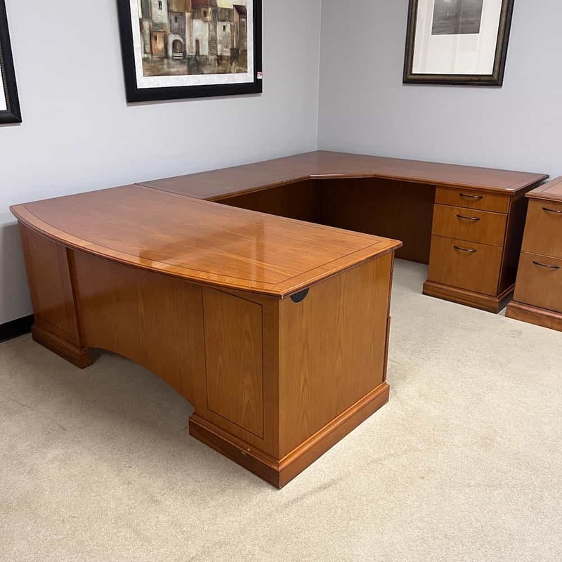 LAST ONE – 72″ DMI Honey Bowfront U-Desk – Right Return Office Furniture Liquidations