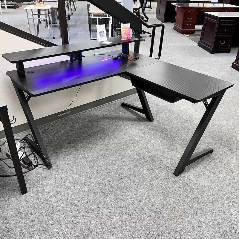 New – 54″ Wide Grey/Black Gaming LED Colored Light L-Desk Office Furniture Liquidations