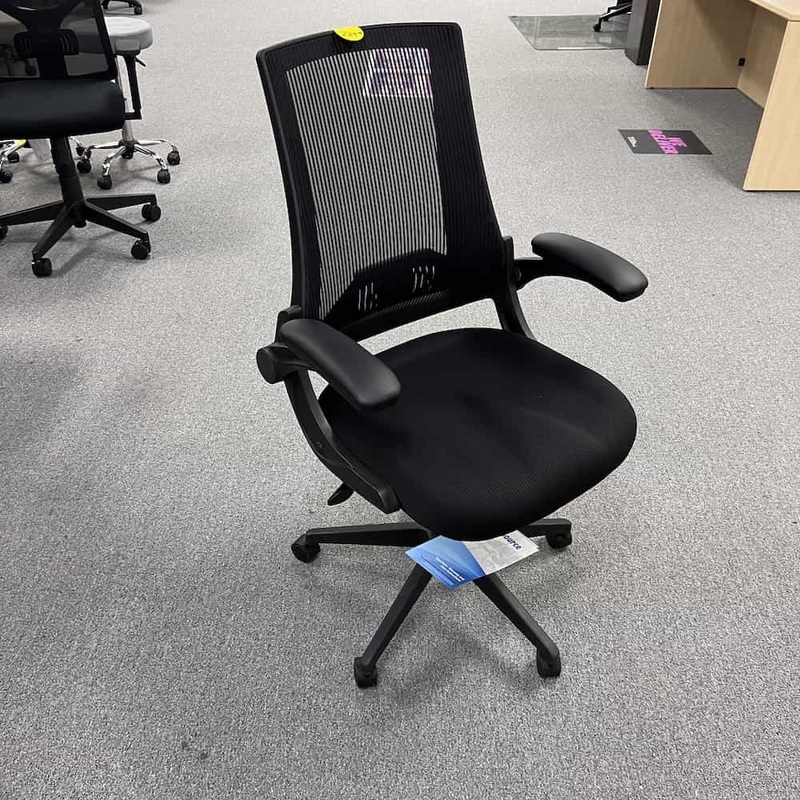 New – Office Source Black Mesh Back Office Chair with Flip-Up Arms Office Furniture Liquidations