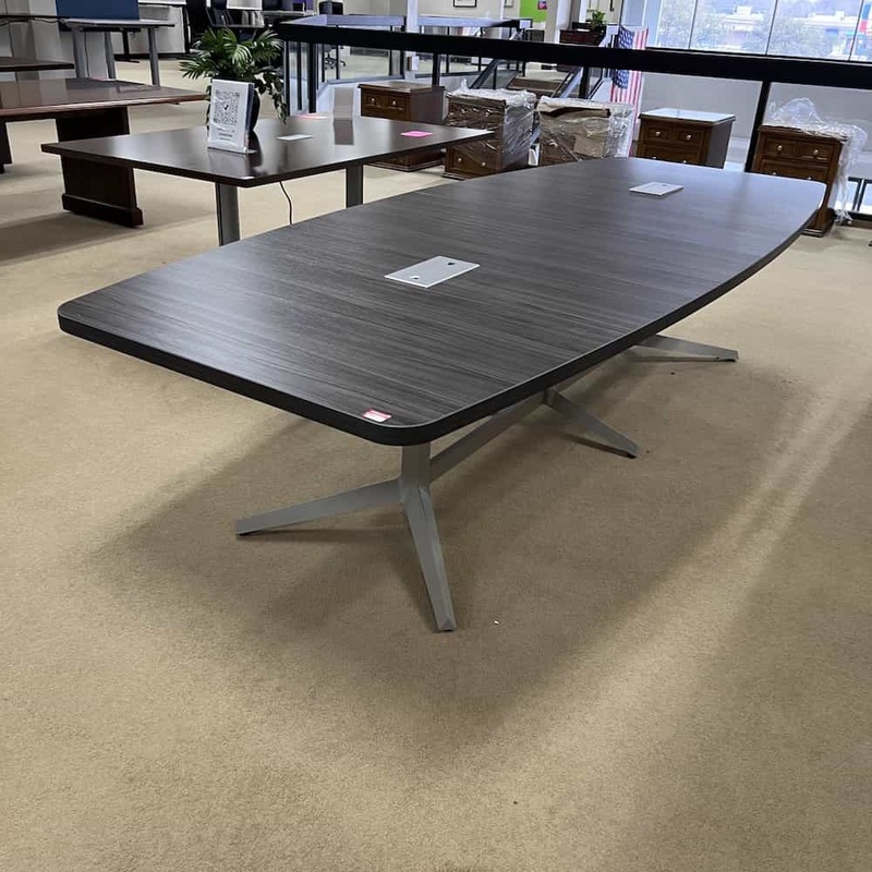 Open Box – 10 Ft Grey Boat Shaped Conference Table with Metal Base Office Furniture Liquidations