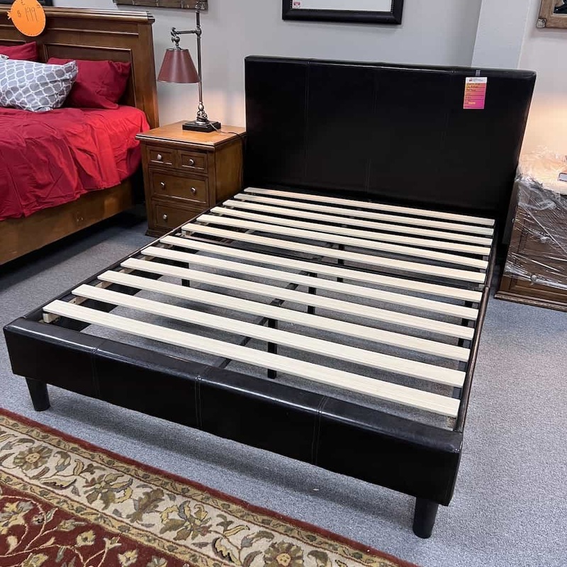 Queen Size Espresso Vinyl Bed Frame with Slates – NO MATTRESS Office Furniture Liquidations