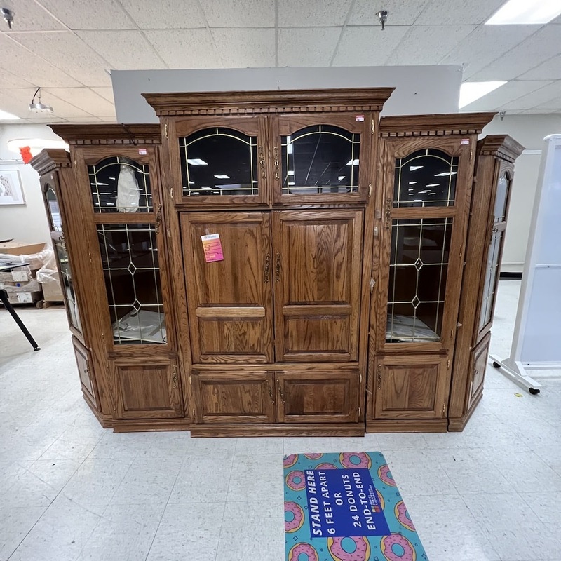 Set – 11.5 Ft Wide Oak and Gold Vintage Entertainment Center Console Curio Cabinet Office Furniture Liquidations
