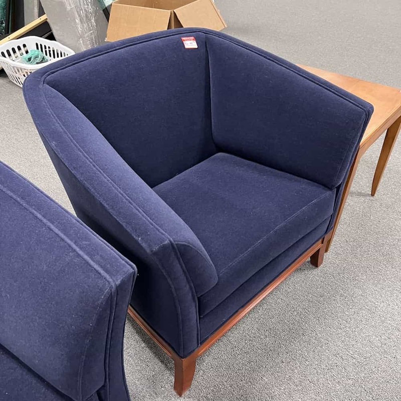 Blue Velour and Cherry Transitional Arm Chair Office Furniture Liquidations