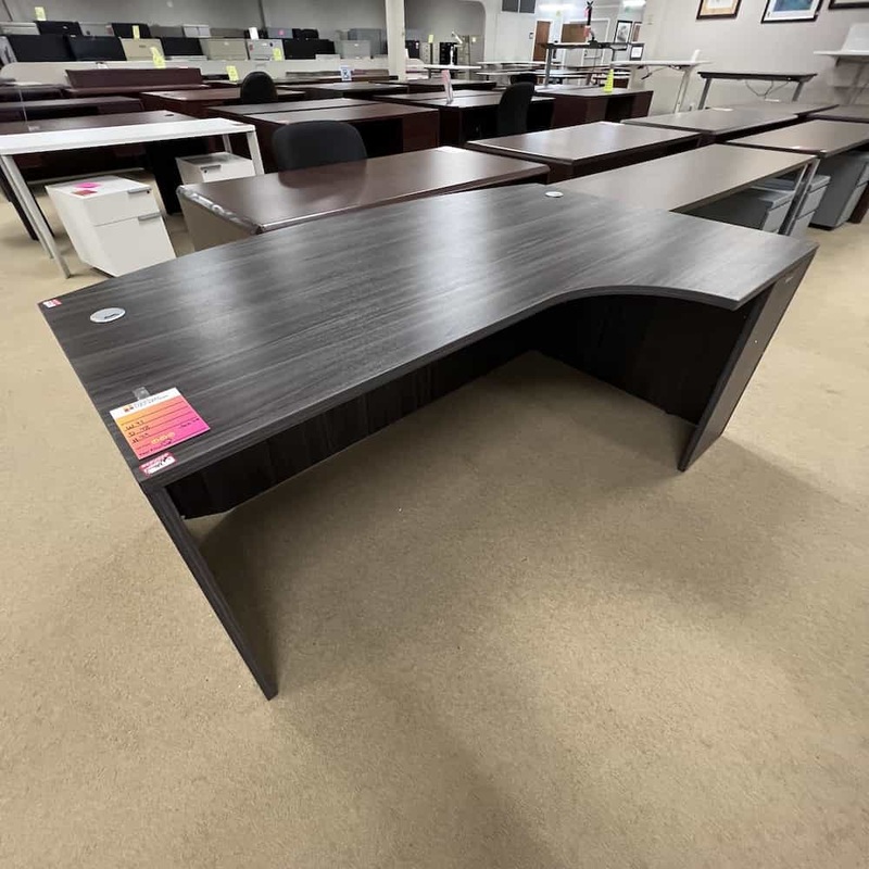 Damaged – 71″ Grey Bow Front “Porkchop” L-Desk Shell – Right Return Office Furniture Liquidations