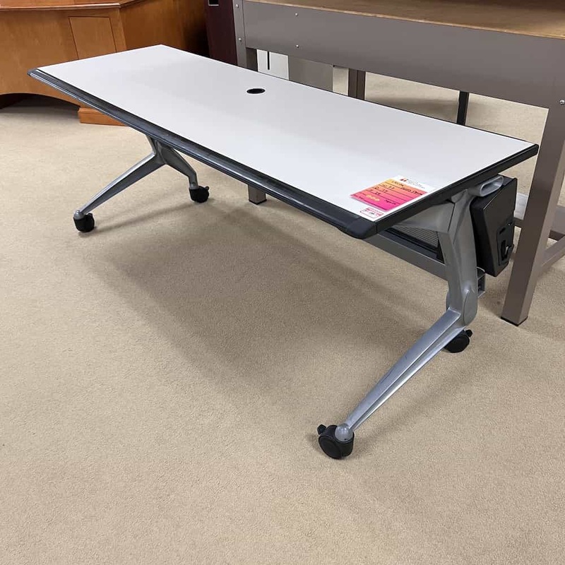 DAMAGED 72″ Vecta White and Grey Flip Down Training Table on Wheels Office Furniture Liquidations