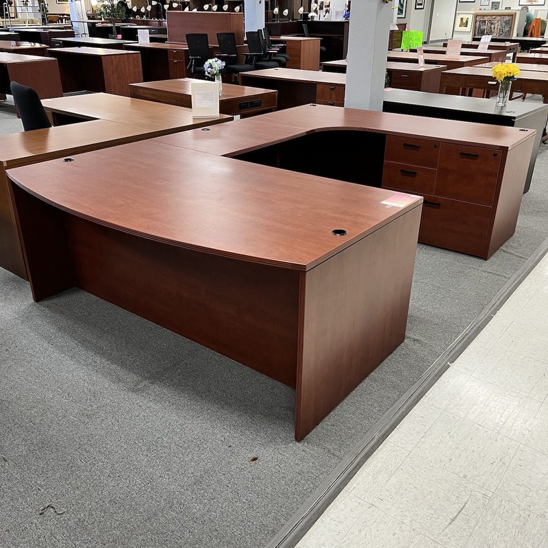 71 Wide Cherryman Cherry/Black Modern Bow Front U-desk with Multi-file – Right Return Office Furniture Liquidations