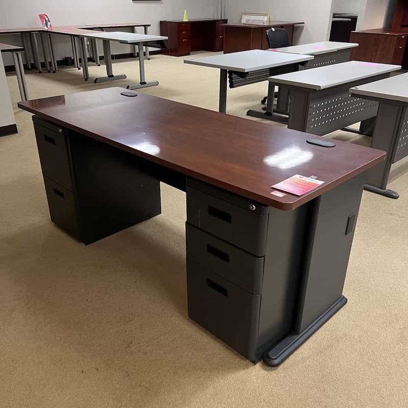 72″ Cherry and Grey Desk with 2 Pedestal Files Office Furniture Liquidations