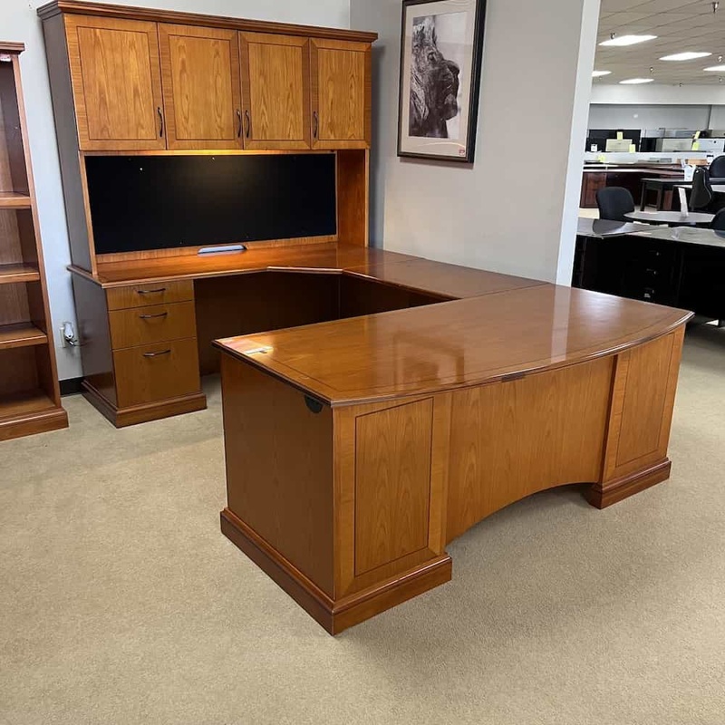 72″ DMI Honey Bowfront U-Desk with Hutch – Left Return Office Furniture Liquidations